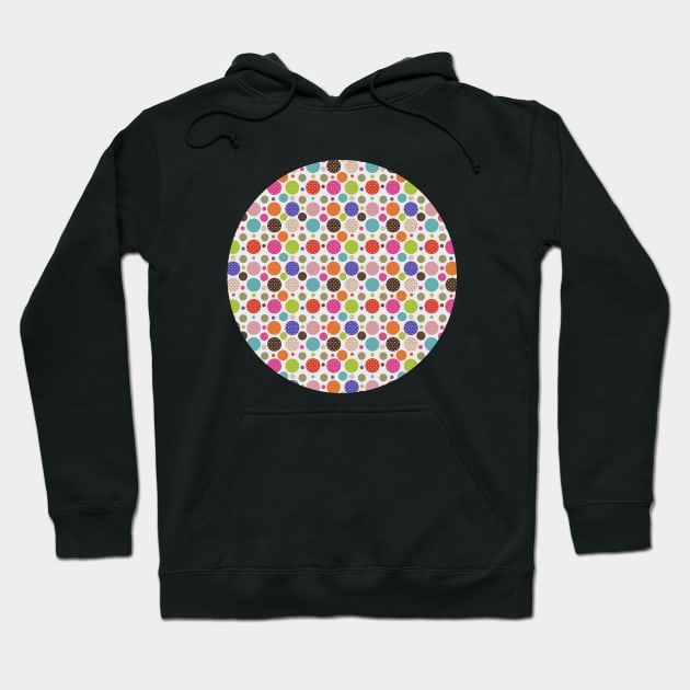 Polkadot Party. Lots of colored polkadots in a bright and fun design. Each little polkadot also contains a retro style pattern. Hoodie by innerspectrum